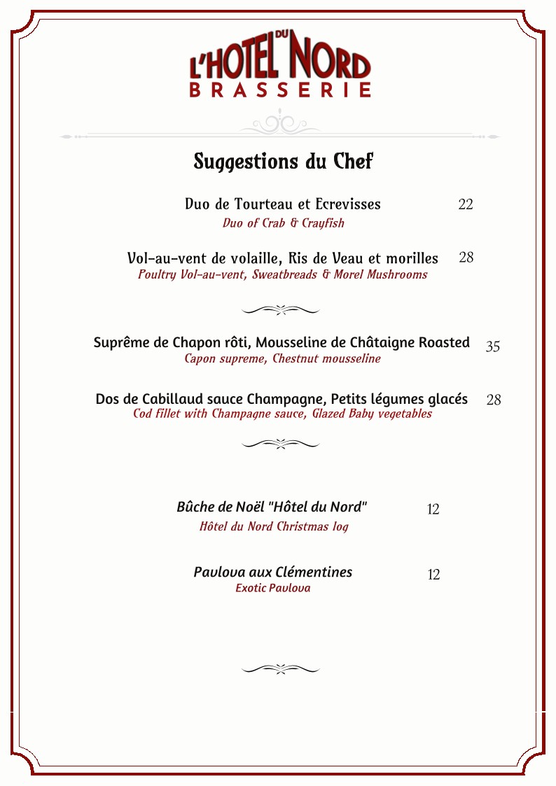 Brasserie de l'Hôtel du Nord menu 1
