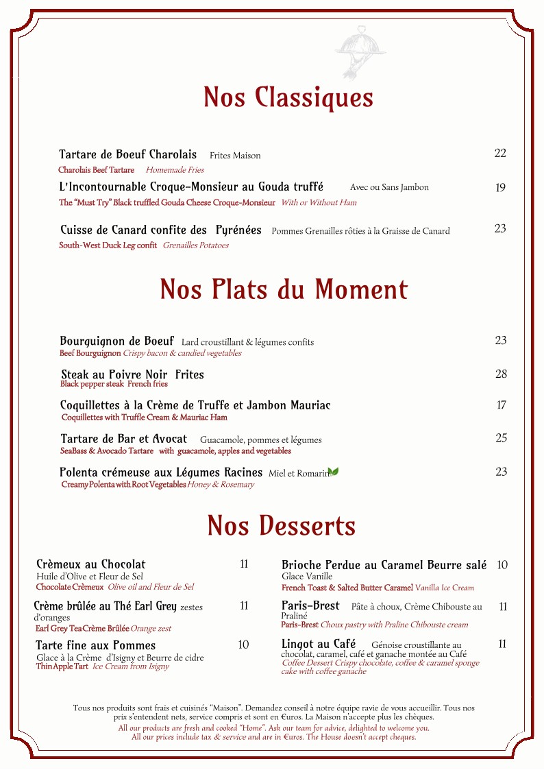 Brasserie de l'Hôtel du Nord menu 2