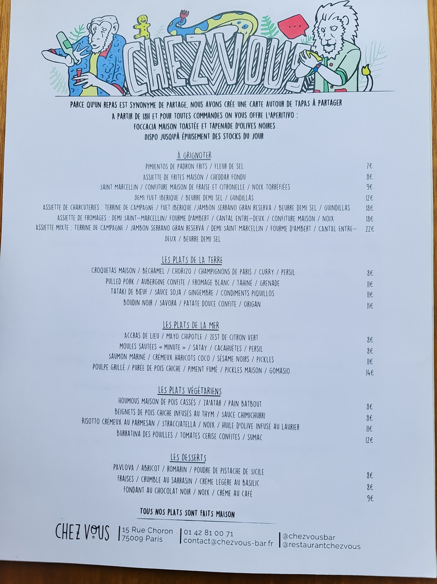 Chez Vous menu 1