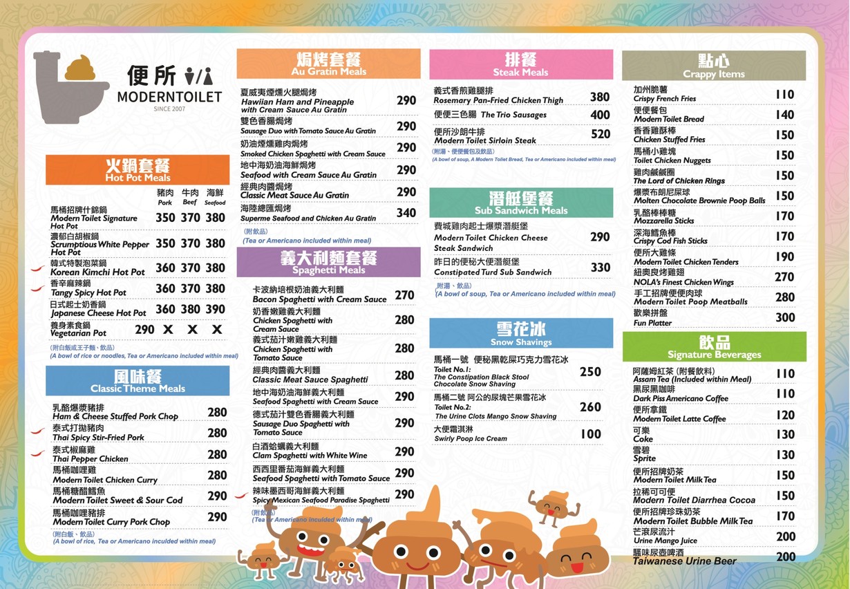 Modern Toilet Restaurant Ximen biàn suǒ zhǔtí cāntīng xī mén diàn-táiběi wànhuá xī mén dīng píngjià tèsè zhǔtí cāntīng qìngshēng/yuēhuì/wǎng měi/jùhuì 2026 rénqì bì qù chuàngyì liàolǐ jiéyùn zhàn lán xiàn/lǜ xiàn měishí dìng wèi bì fǎng PTT Dcard menu 1