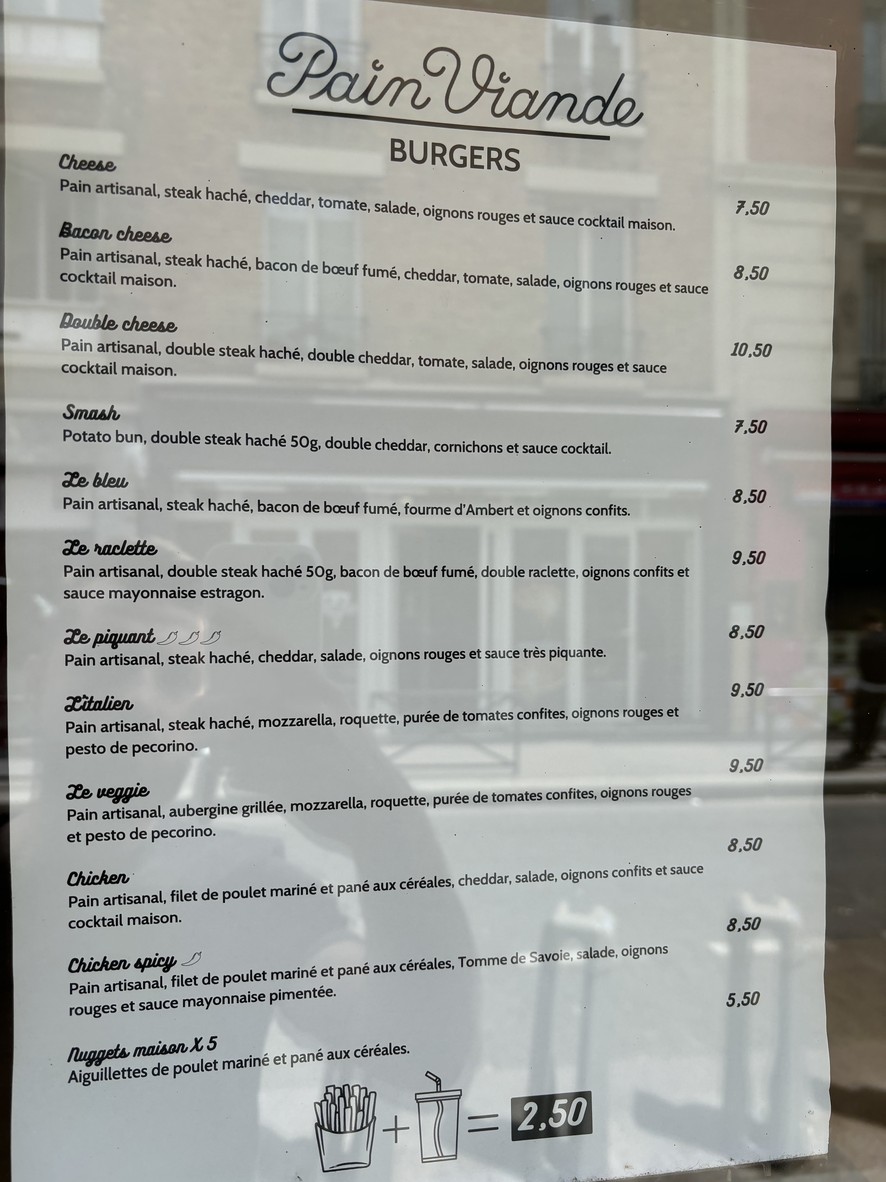 Pain Viande - Burger - Paris menu 1