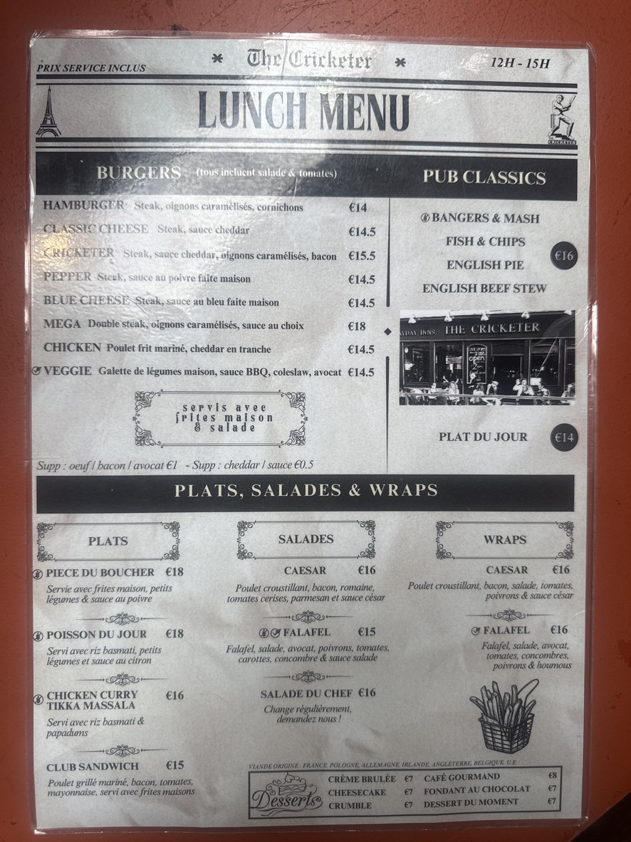 English Style Pub The Cricketer menu 2