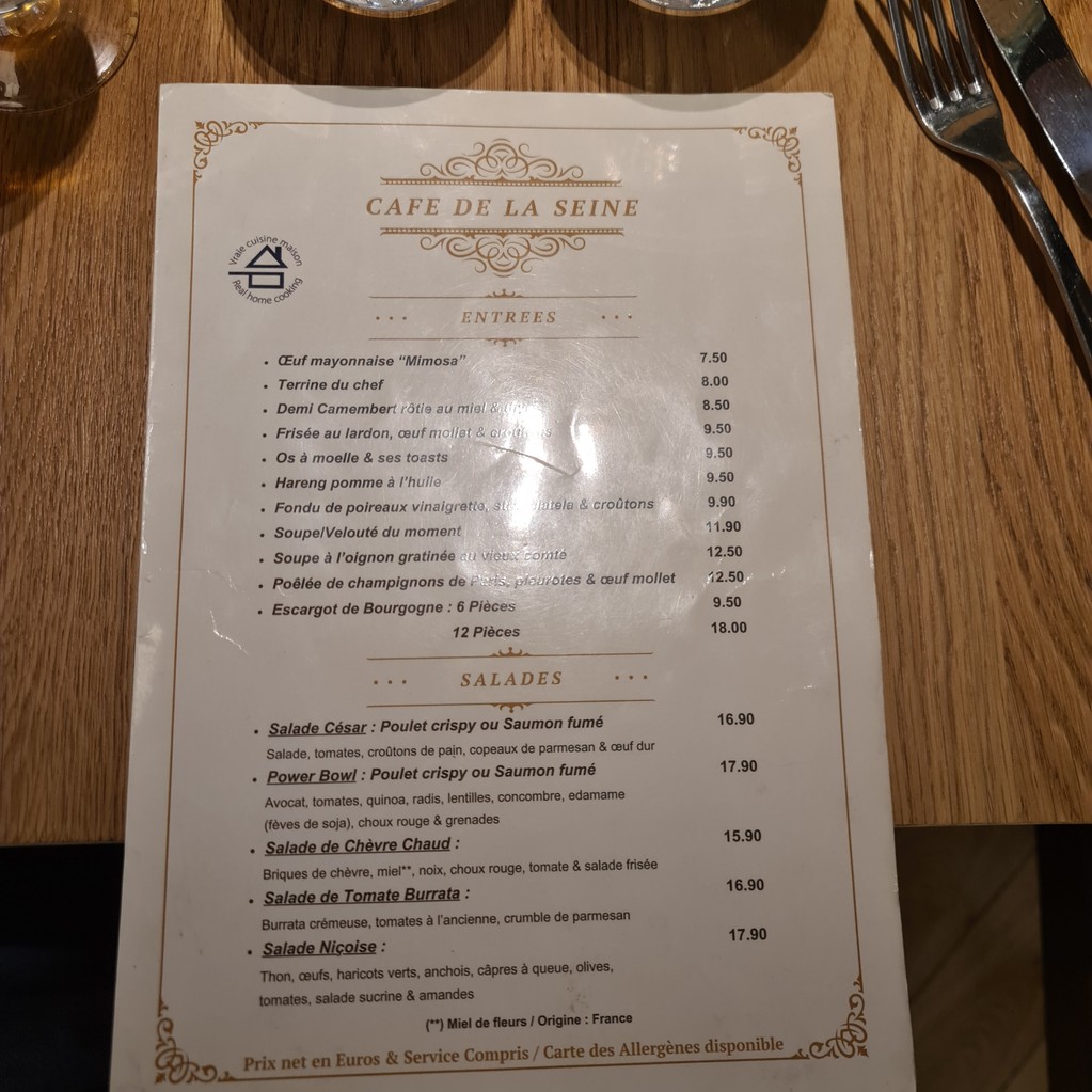 Café de la Seine Paris 16 menu 1