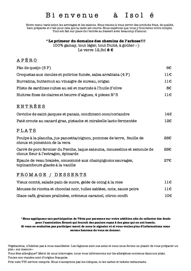 Isolé - restaurant montreuil menu 1