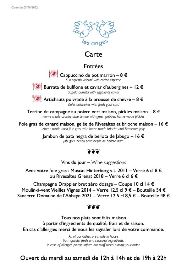 La Table des Anges menu 1