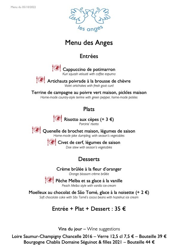 La Table des Anges menu 2