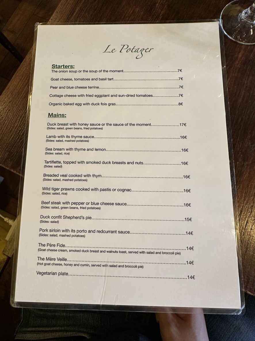 Le Potager du Père Thierry menu 1