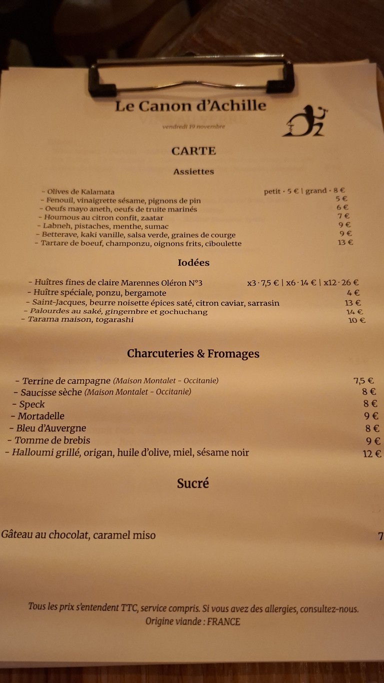 Le Canon d’Achille menu 2
