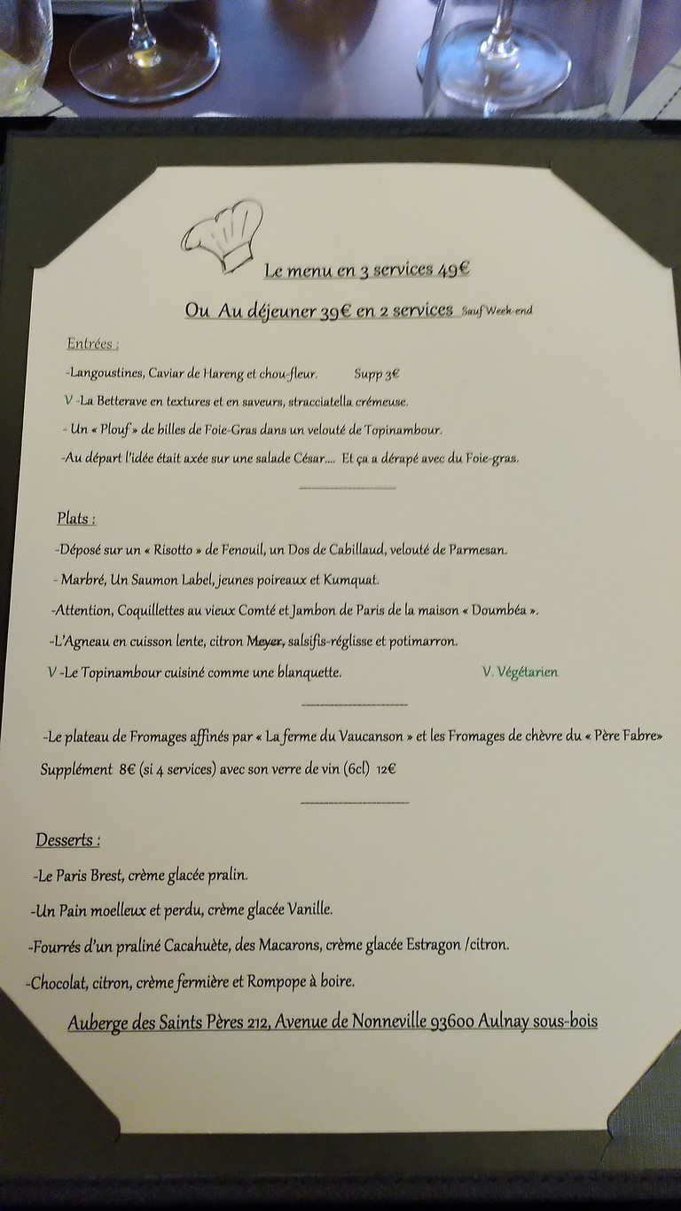 Restaurant Auberge des Saints Pères Aulnay sous bois menu 3