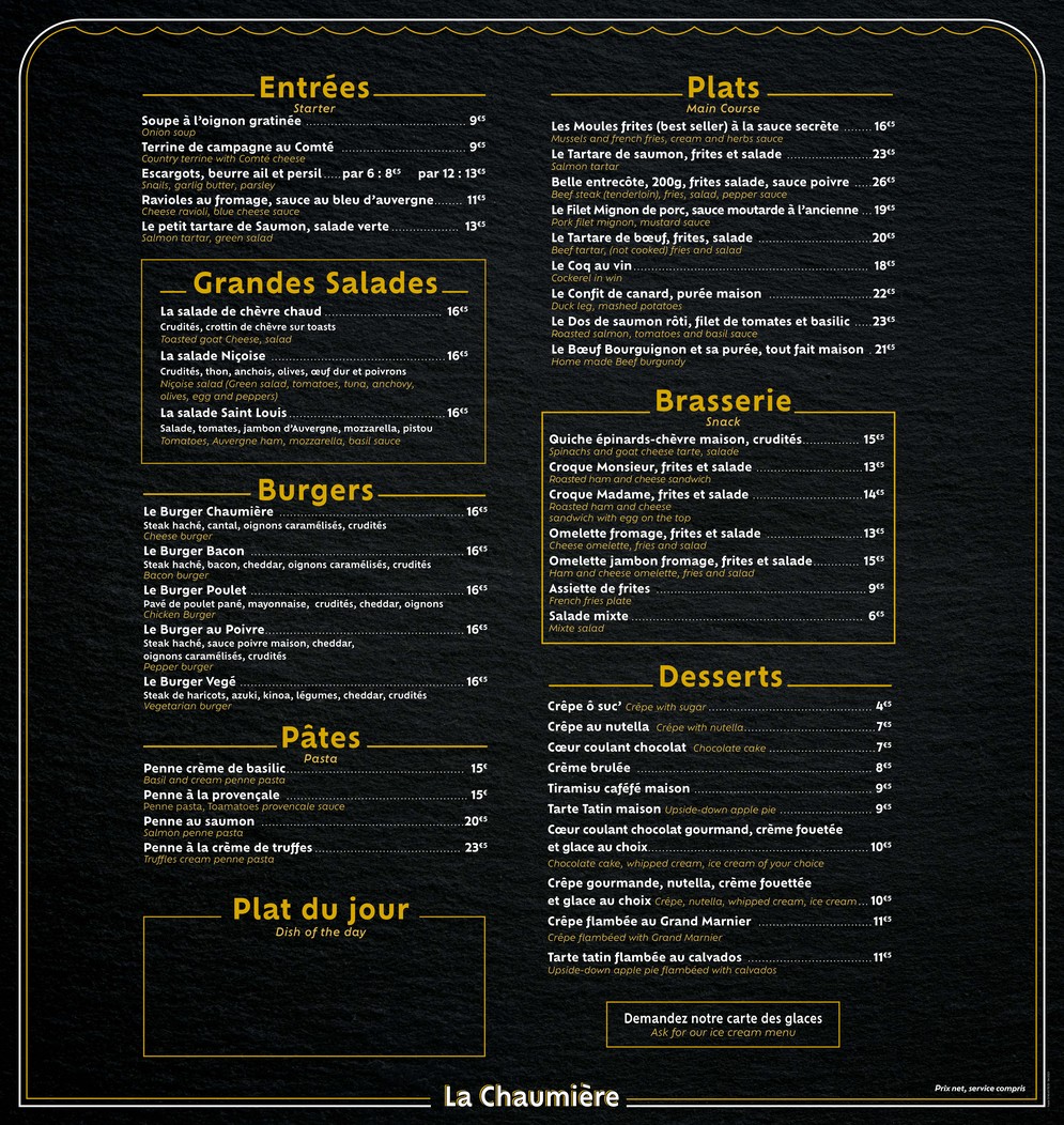 La Chaumière menu 1