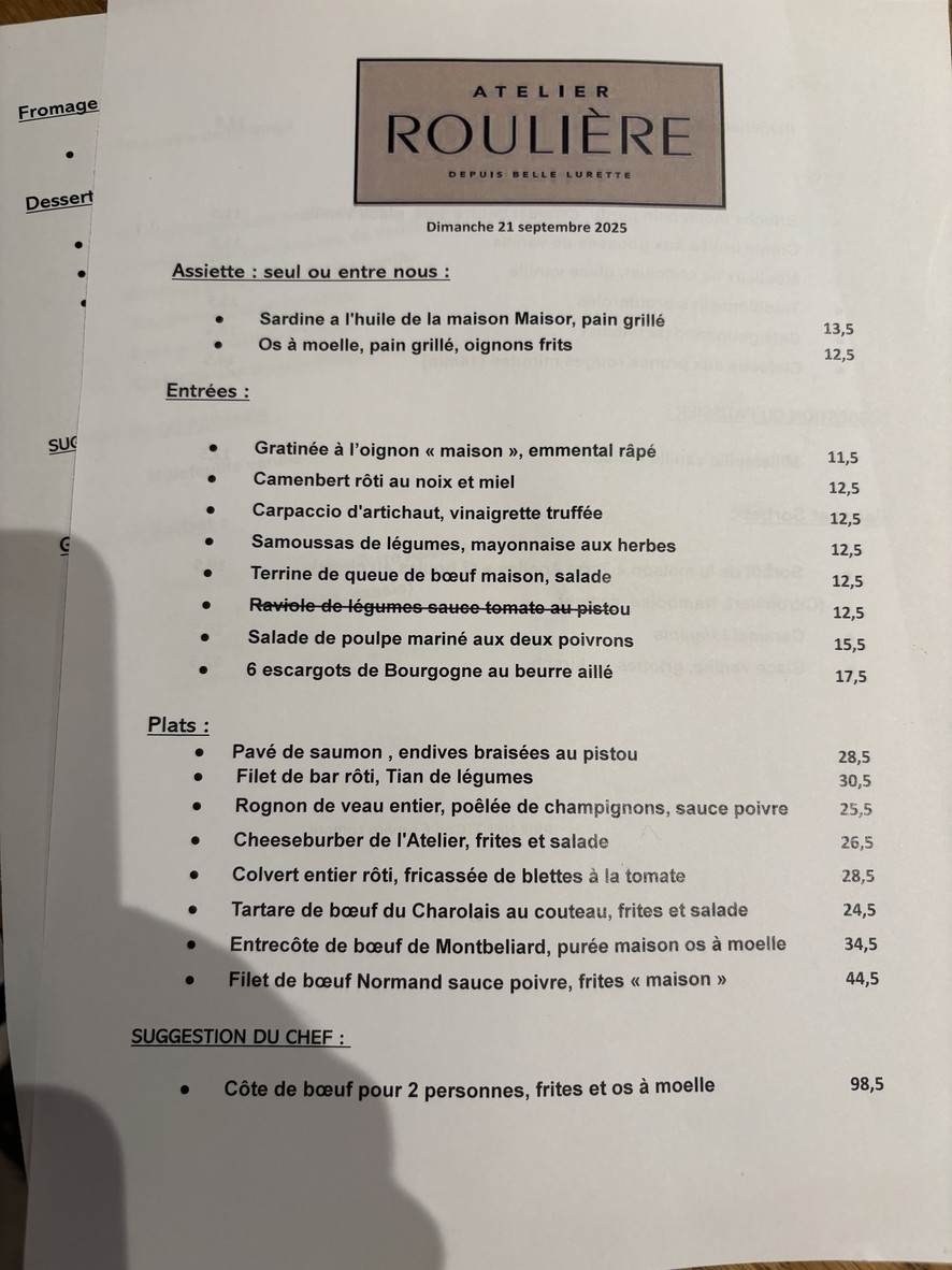 L'Atelier Roulière menu 1