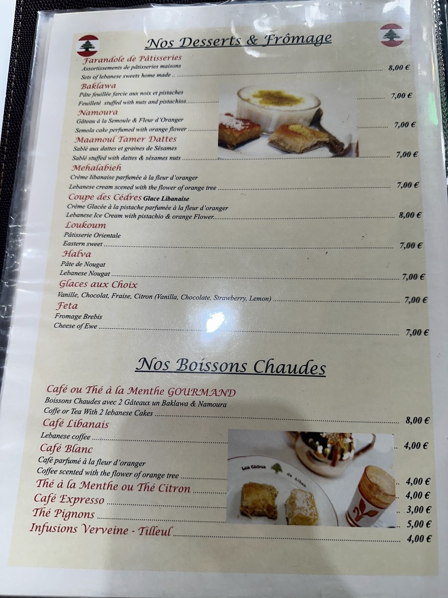 Les Cèdres du Liban Paris menu 3