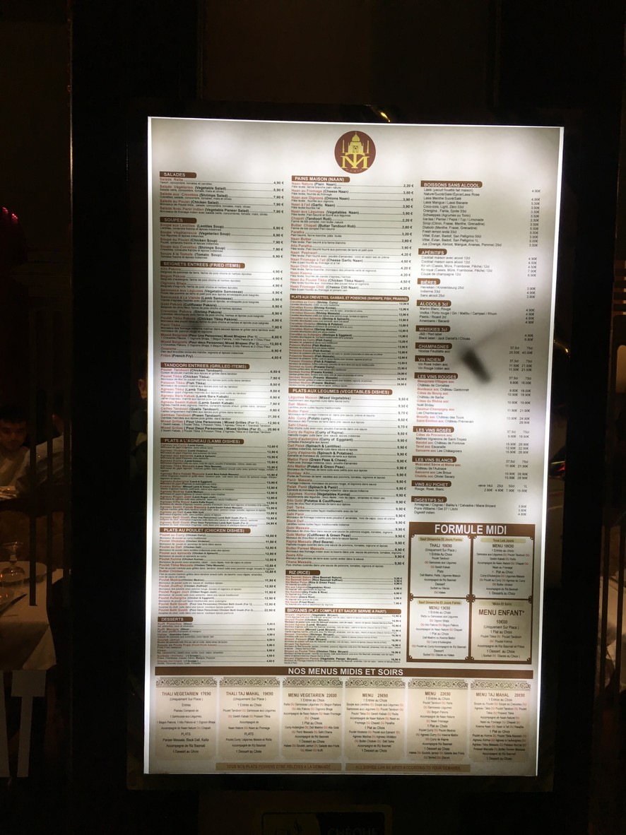 Taj Mahal Paris menu 1