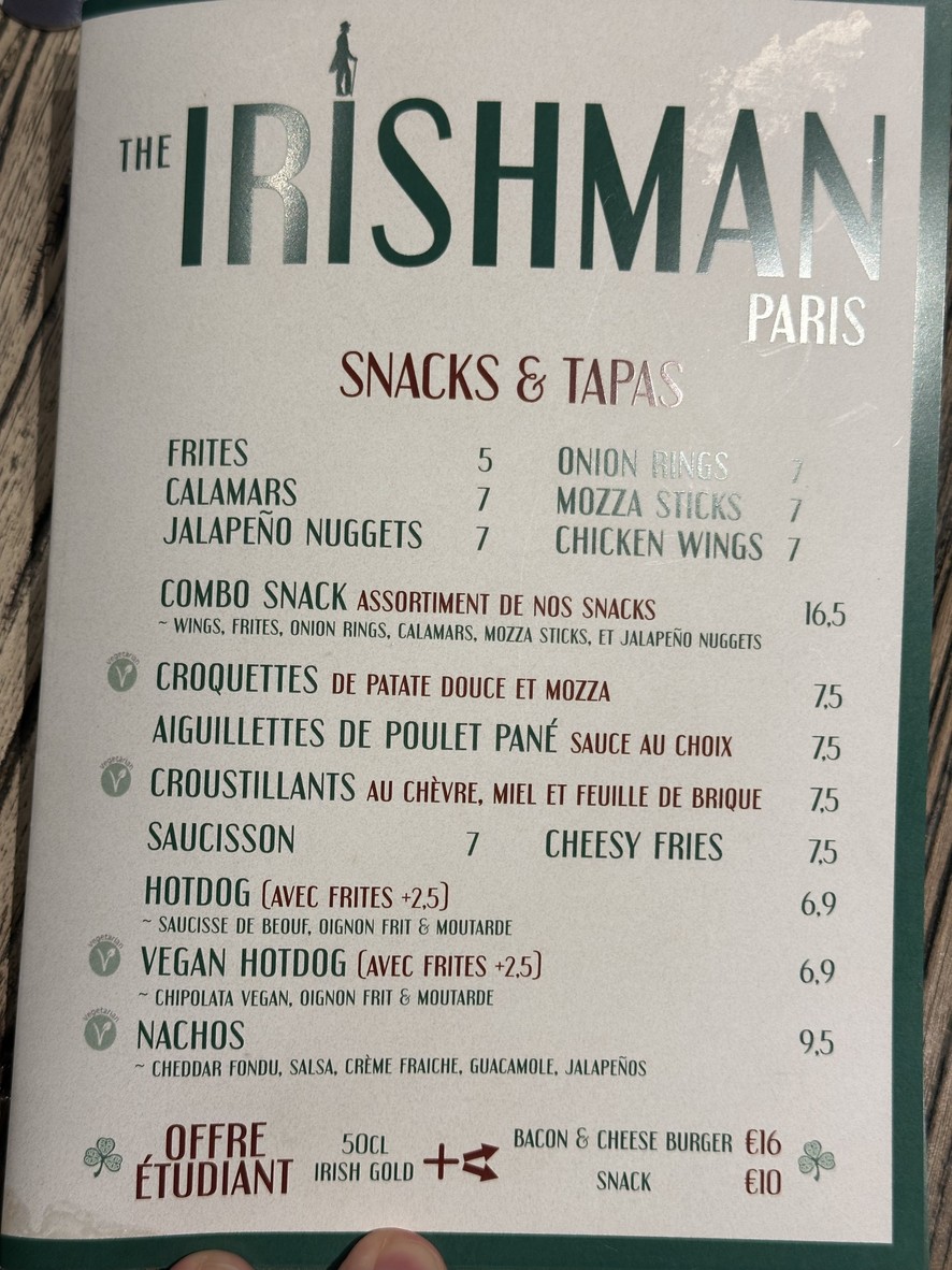 THE IRISHMAN menu 1