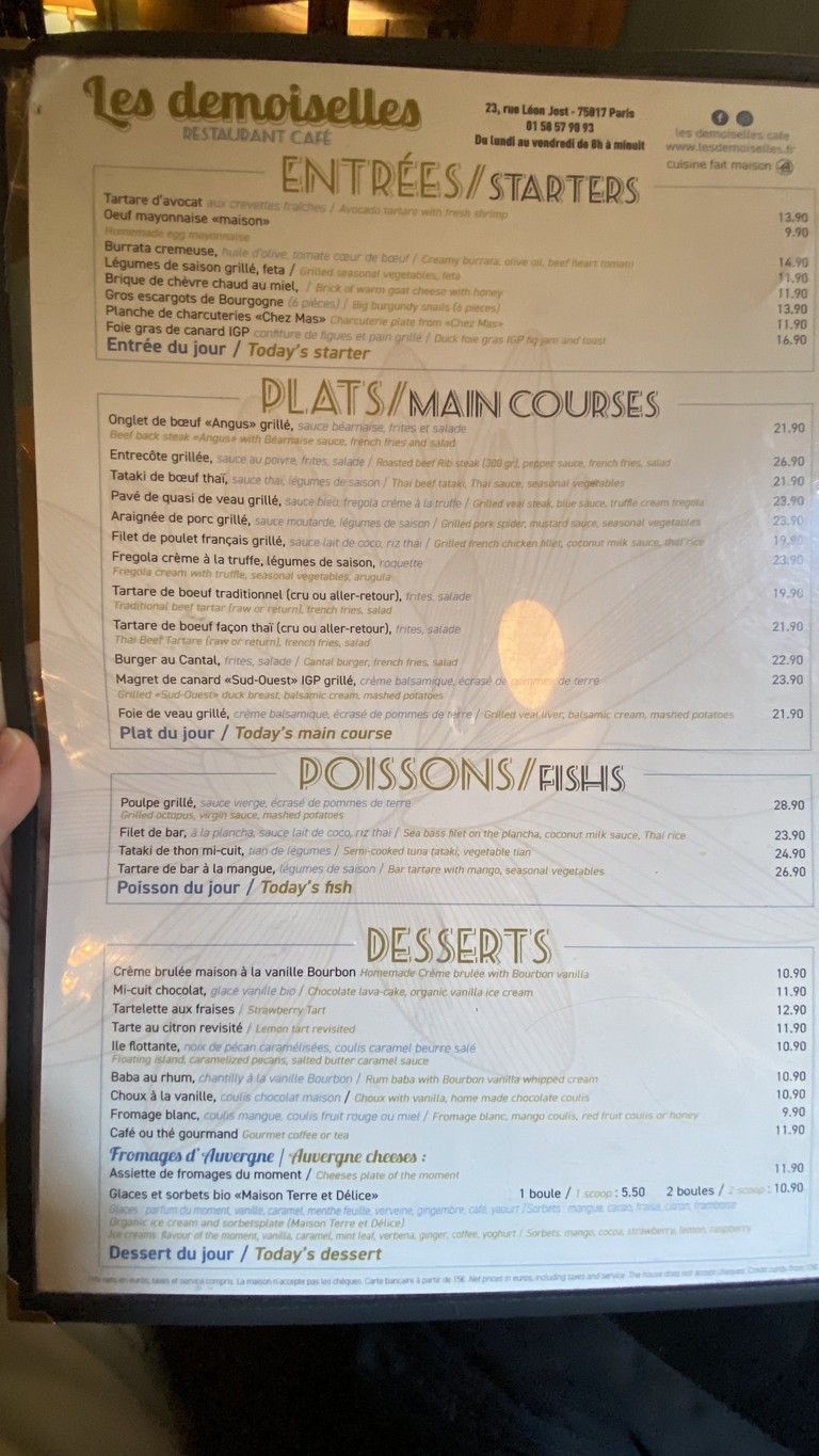 Les Demoiselles Restaurant Paris 17eme menu 1