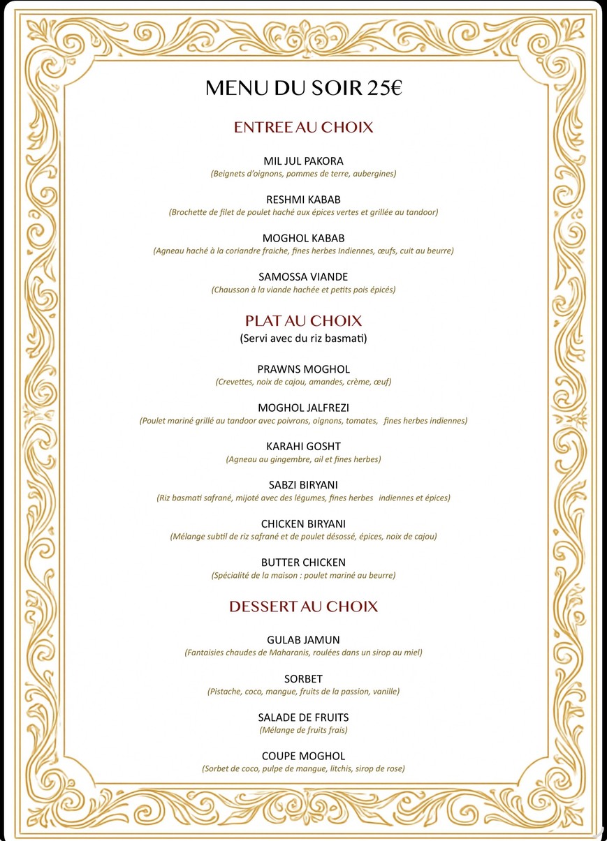 Au Palais du Grand Moghol menu 1