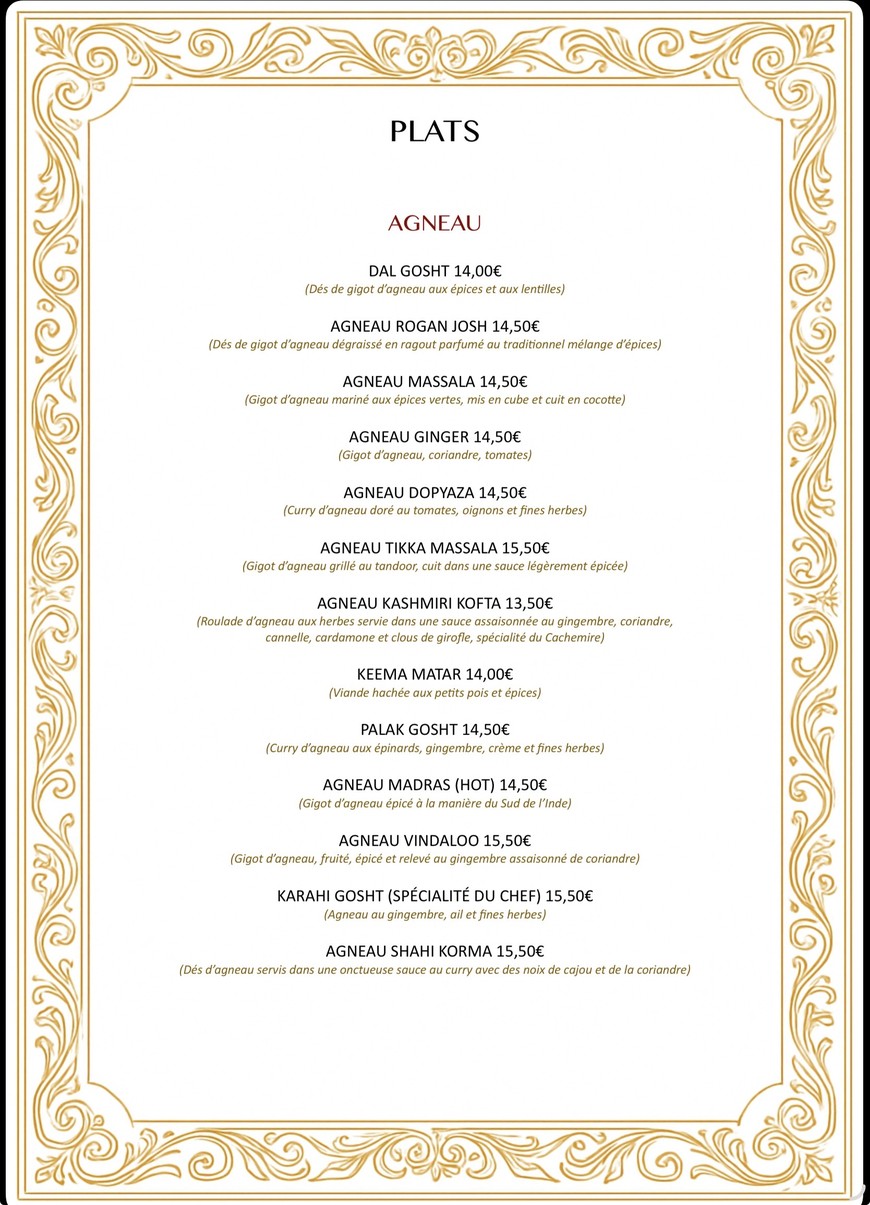 Au Palais du Grand Moghol menu 2