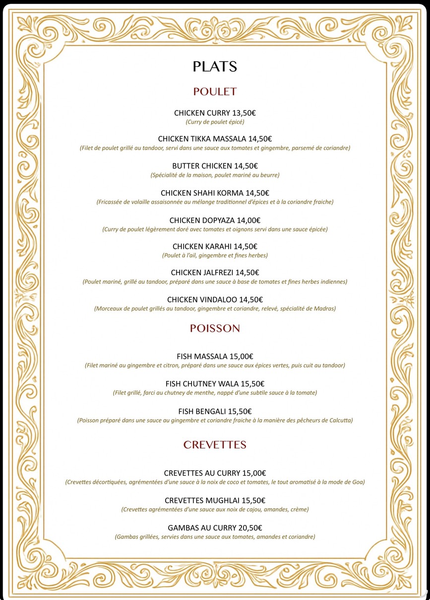 Au Palais du Grand Moghol menu 3