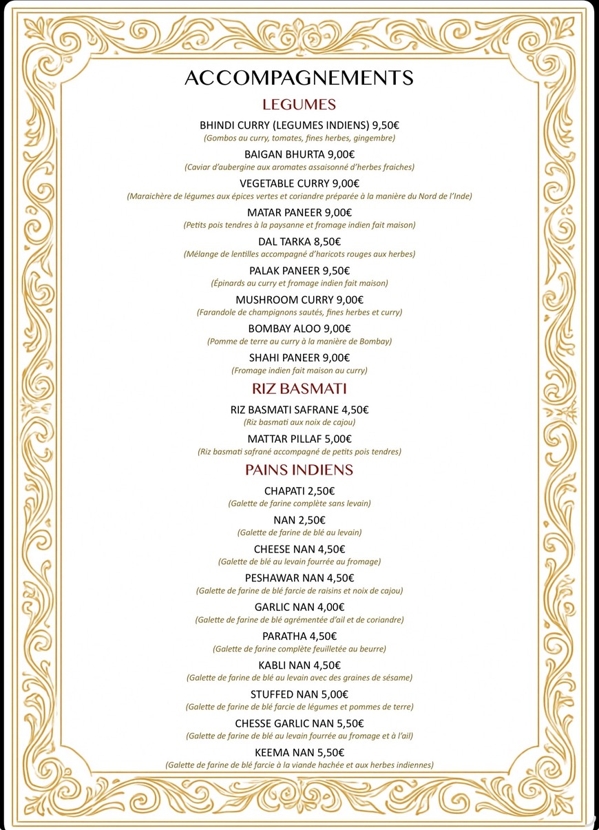 Au Palais du Grand Moghol menu 4