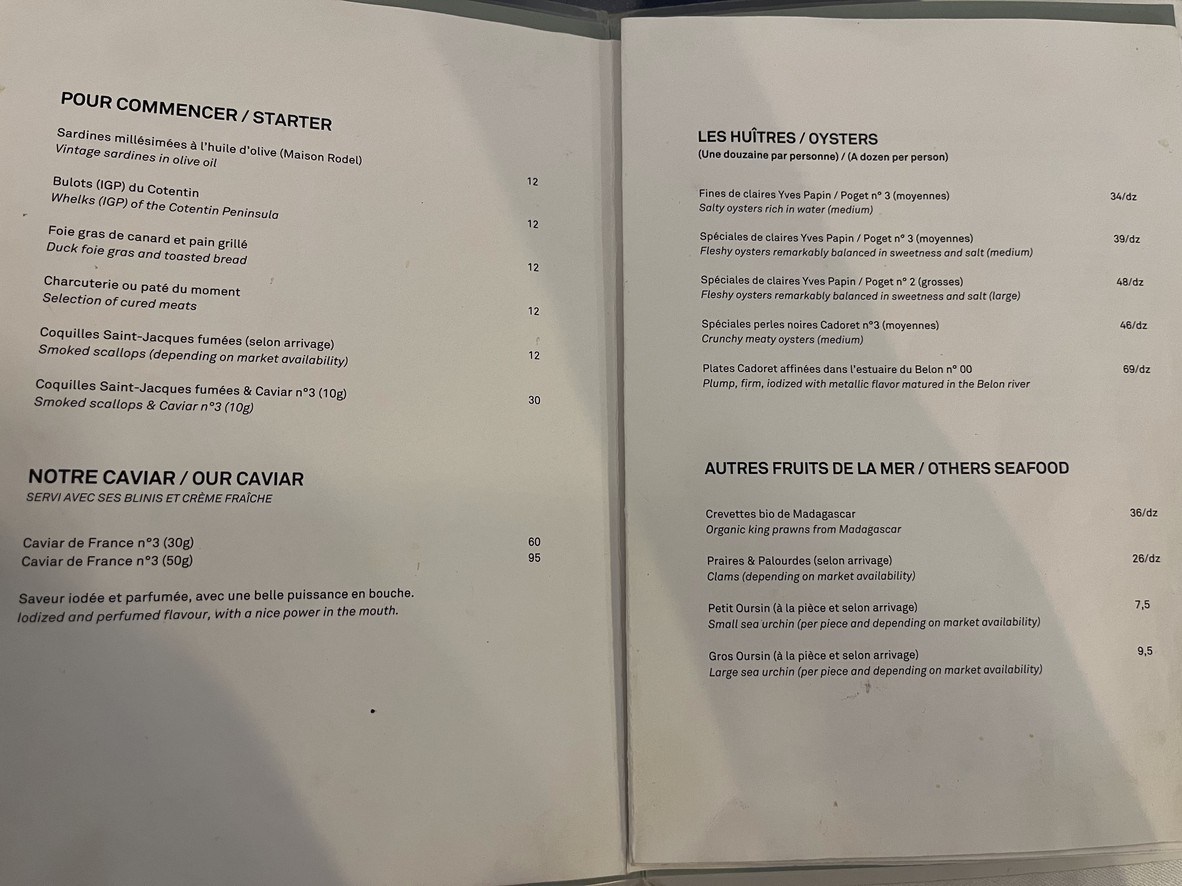 Huitrerie Régis menu 1