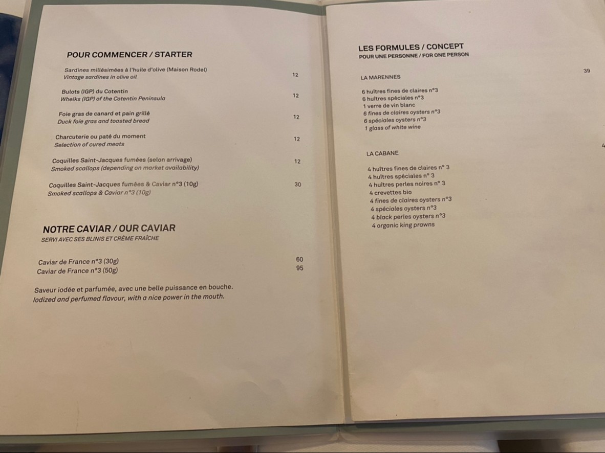 Huitrerie Régis menu 2