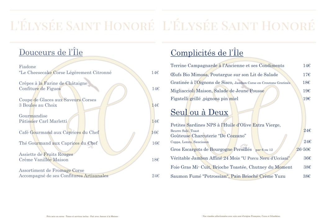 Élysée–Saint-Honoré menu 1