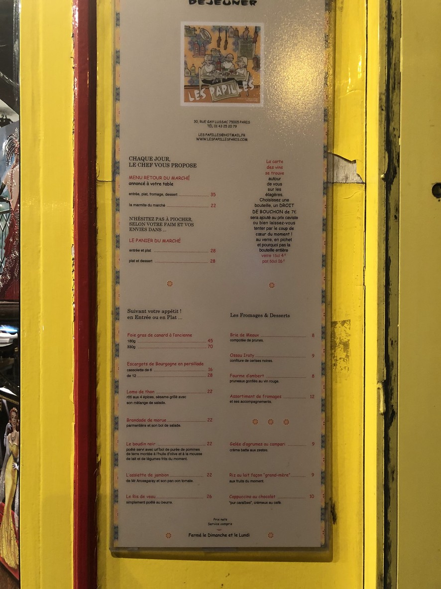 Les Papilles menu 1