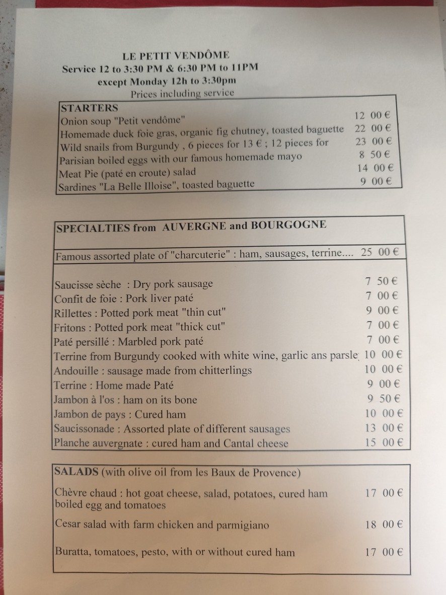 Le Petit Vendôme menu 1