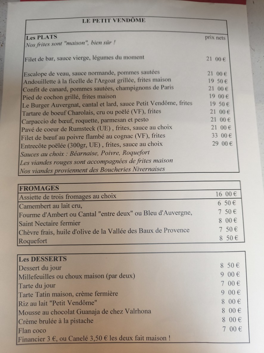 Le Petit Vendôme menu 2