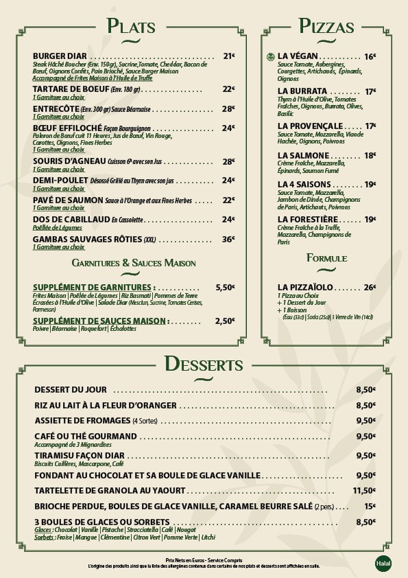 Diar - Boulogne menu 2