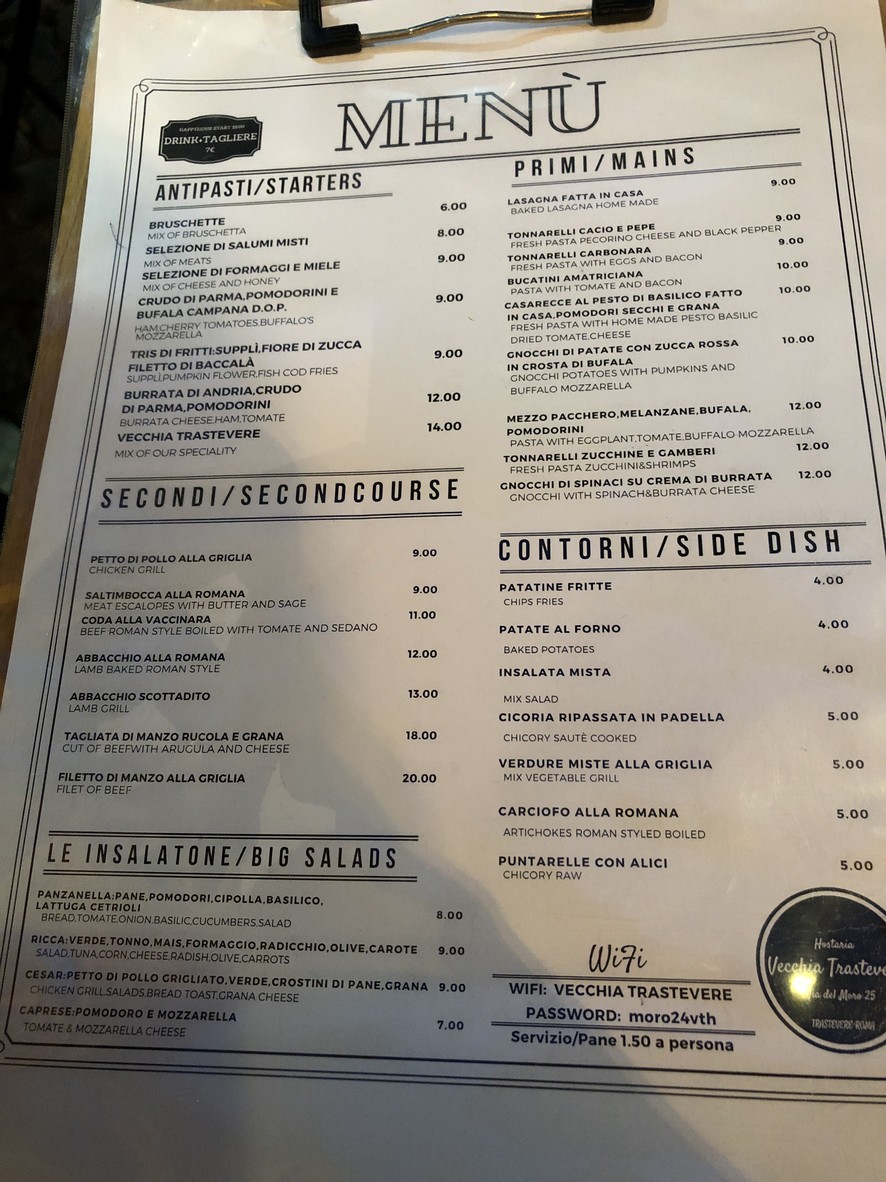 Vecchia Trastevere menu 1