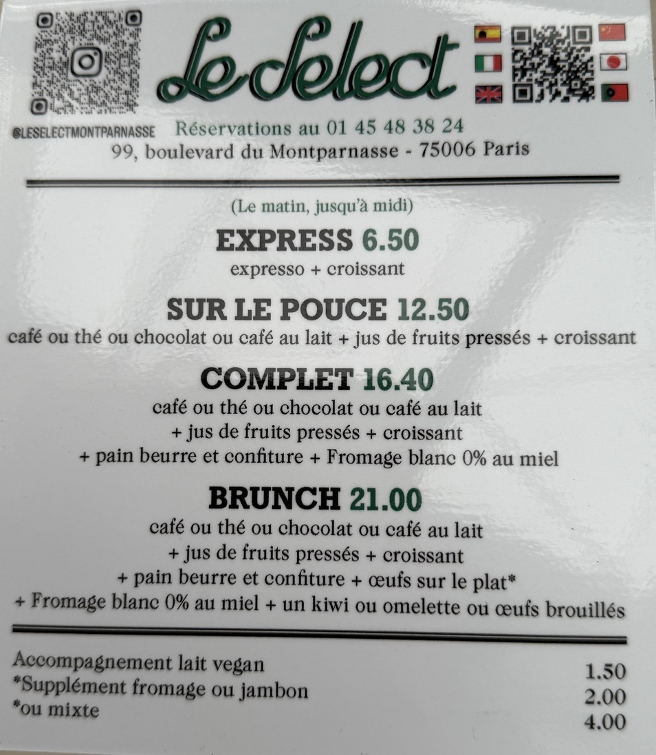 Le Select (Paris) menu 1