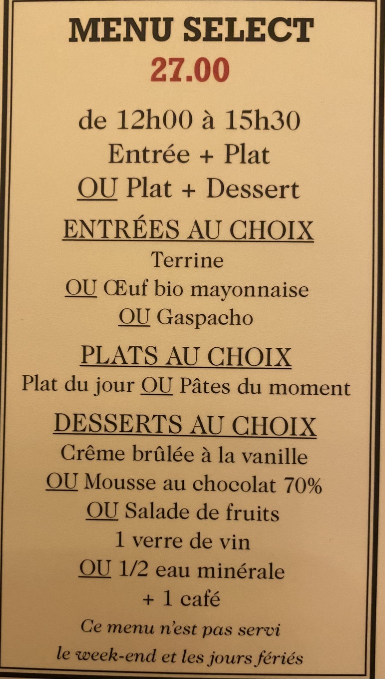 Le Select (Paris) menu 2