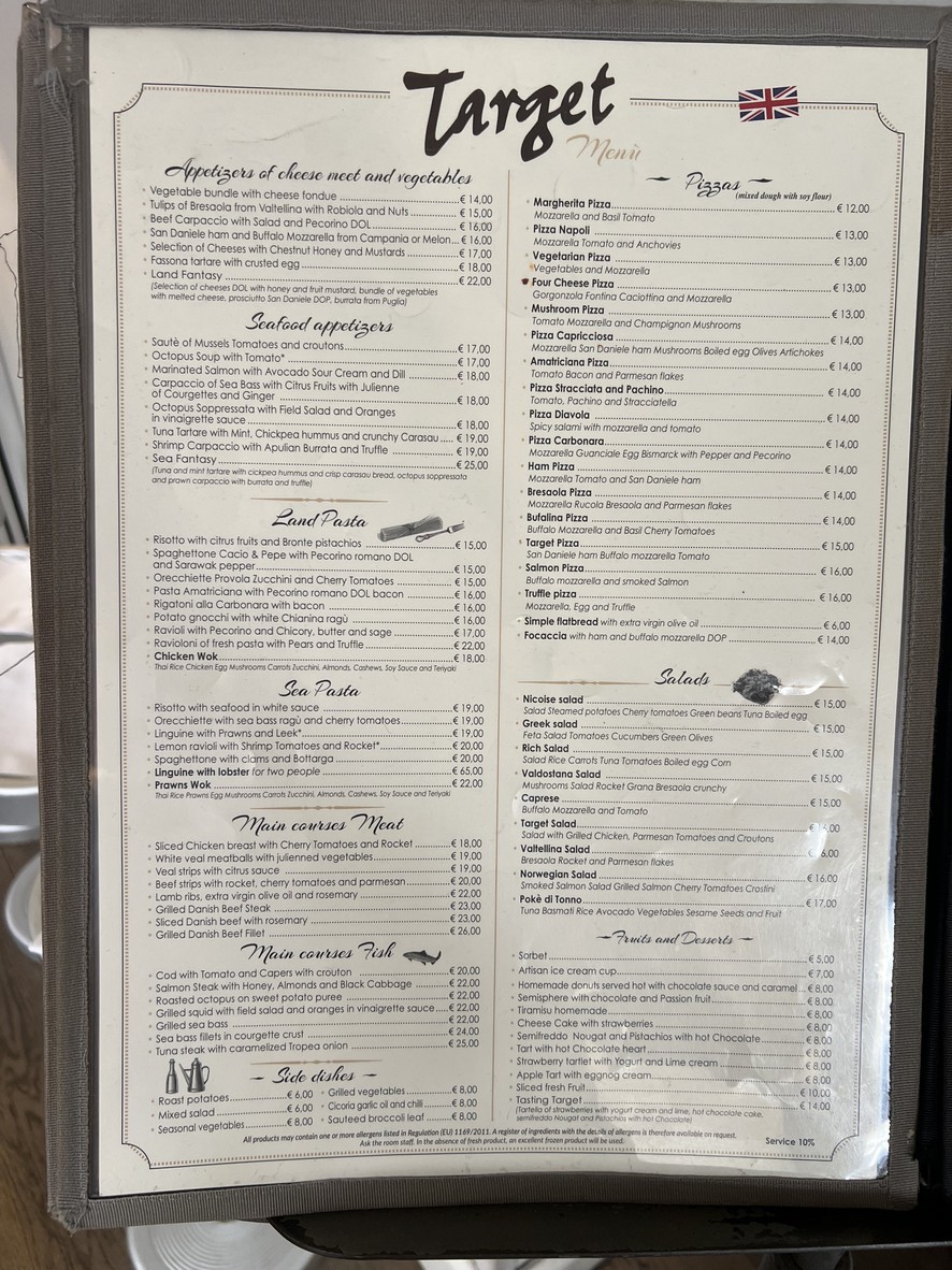 Target Restaurant menu 1