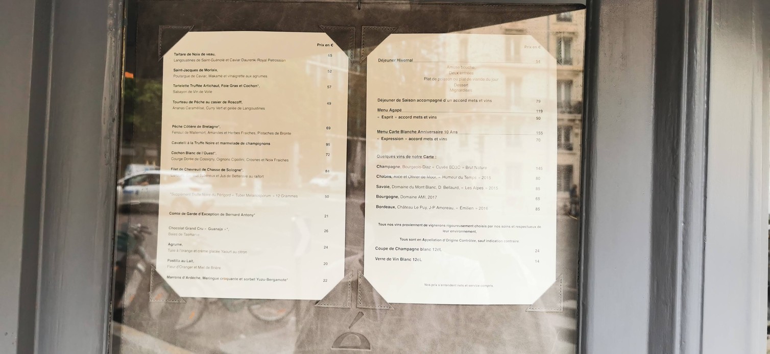 Agapé, Restaurant gastronomique Paris 17ème menu 1