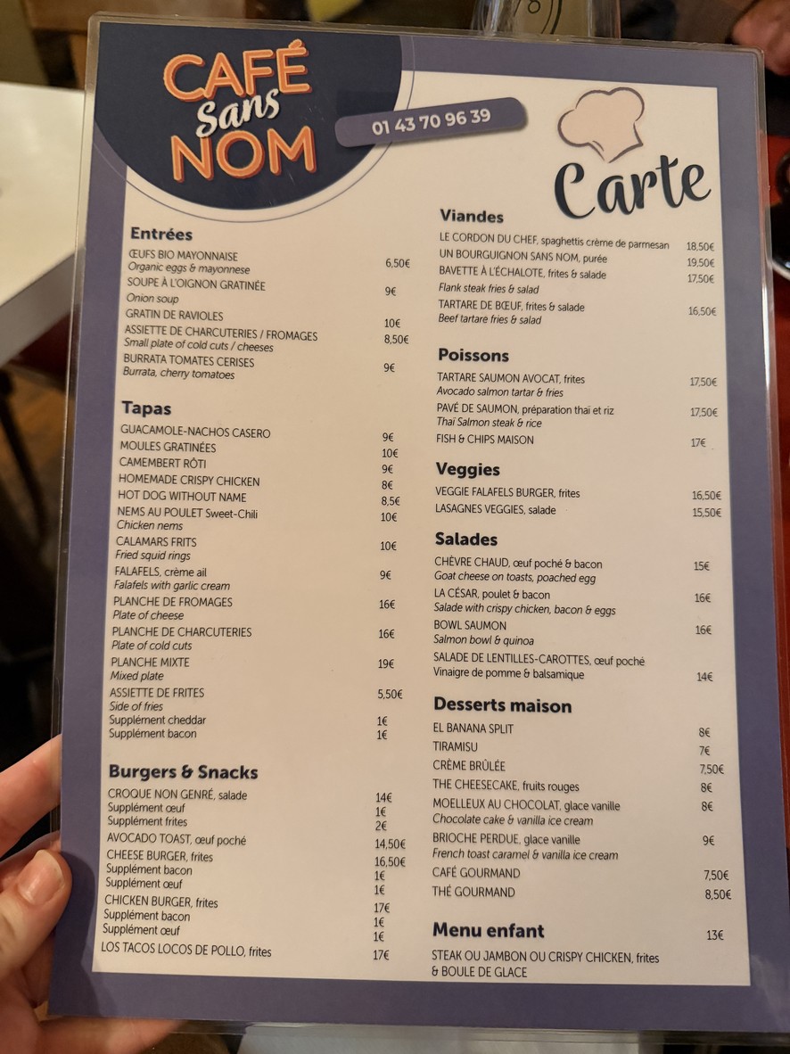 Le Café Sans Nom menu 1