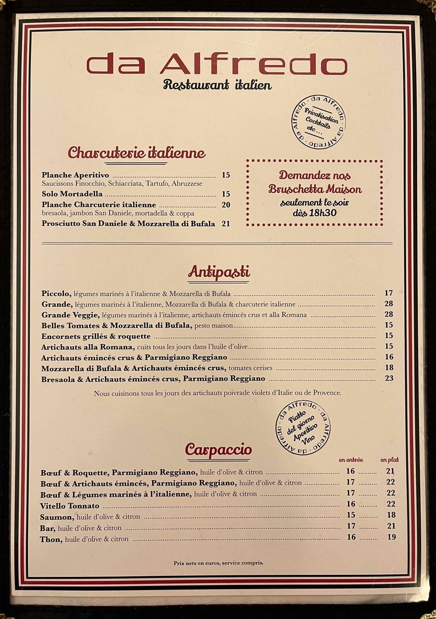 Da Alfredo menu 1