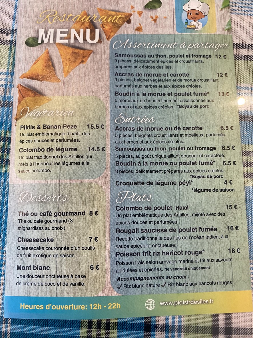 Plaisir des îles menu 1