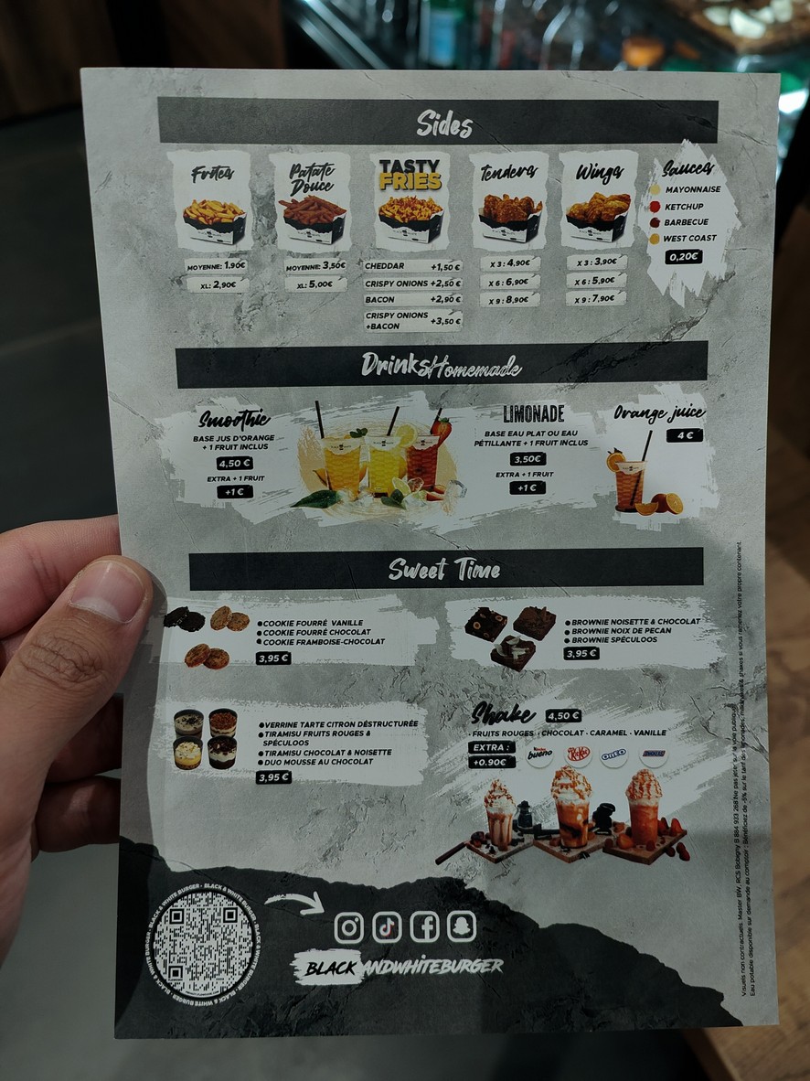 Black & White Burger Val De Fontenay menu 2