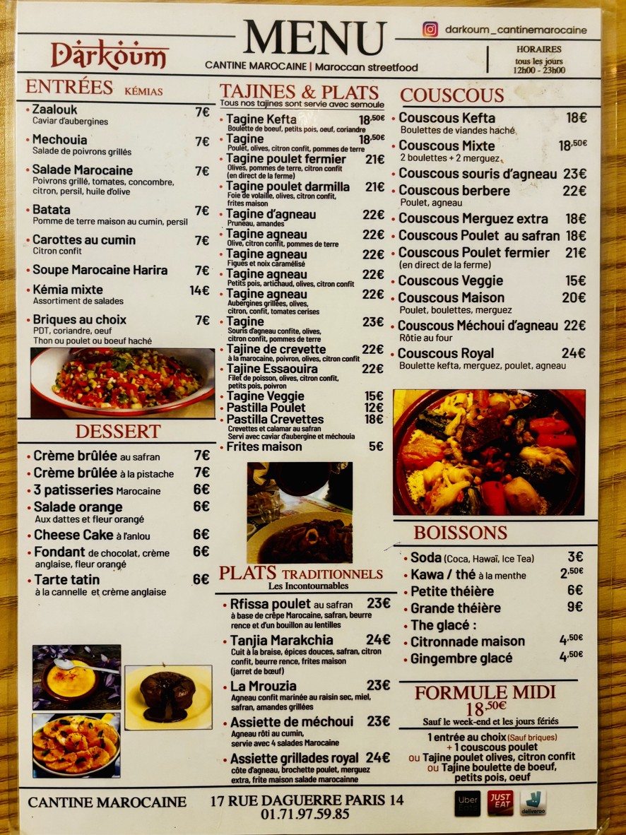 Darkoum Cantine Marocaine menu 1