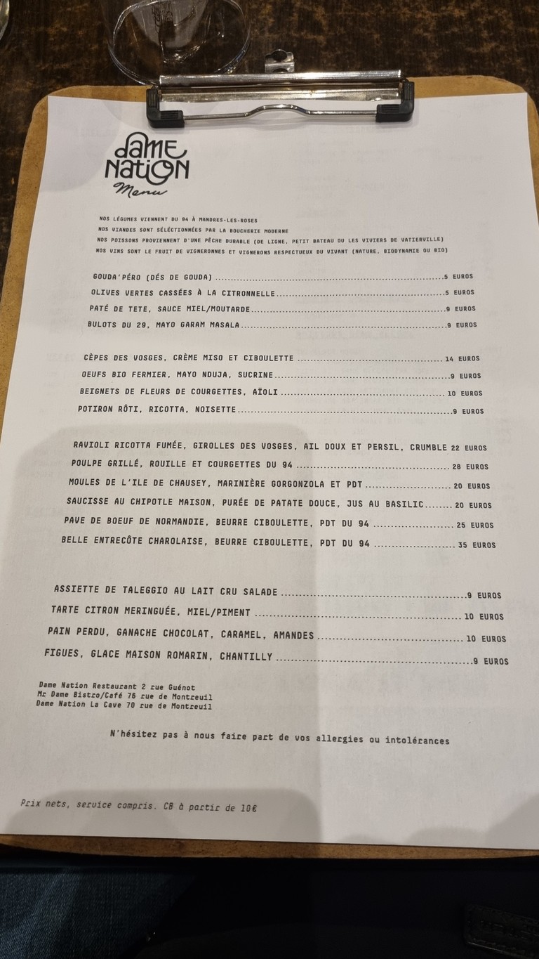 DAME NATION le restaurant menu 1