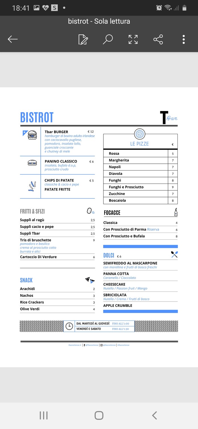 T Bar Ostiense | Colazione | Pranzo | Aperitivo | Cena | Cocktail Bar menu 1