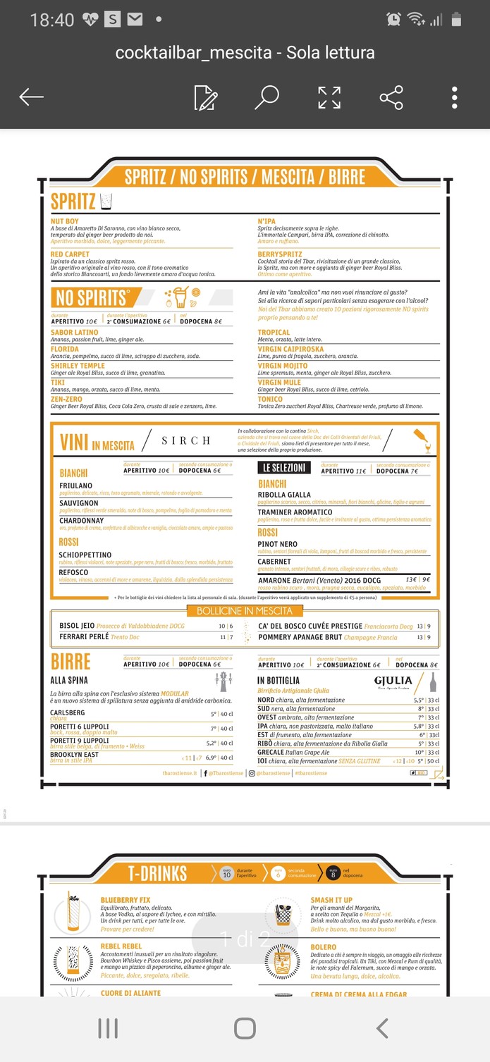 T Bar Ostiense | Colazione | Pranzo | Aperitivo | Cena | Cocktail Bar menu 2