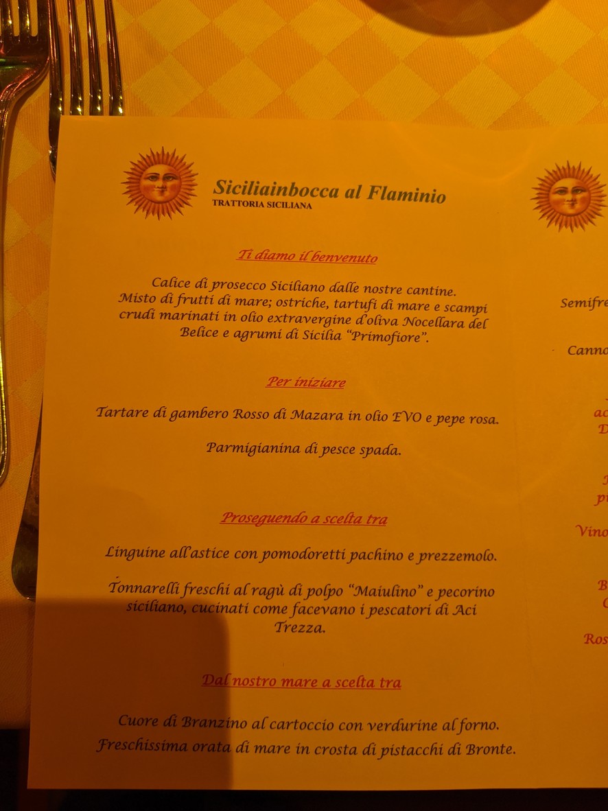 Siciliainbocca al Flaminio menu 1