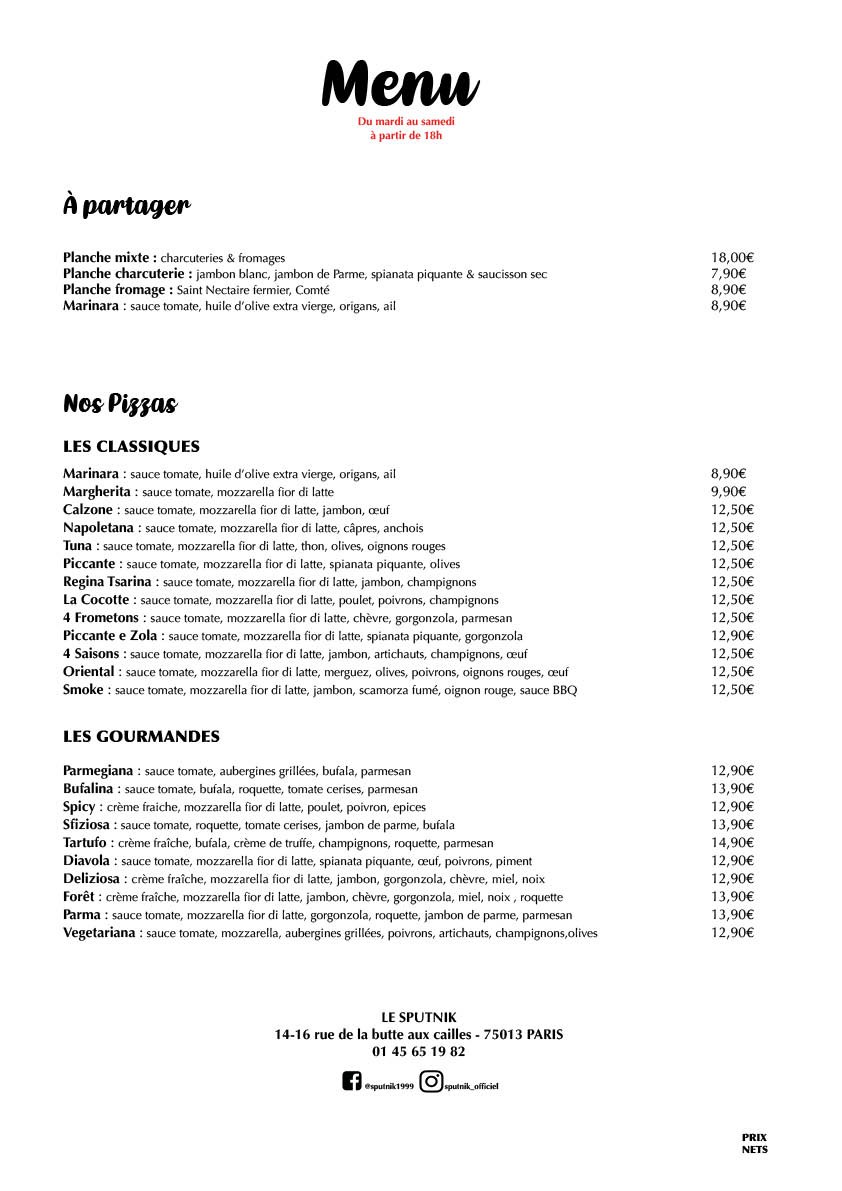Sputnik - Bar à Fléchettes menu 1