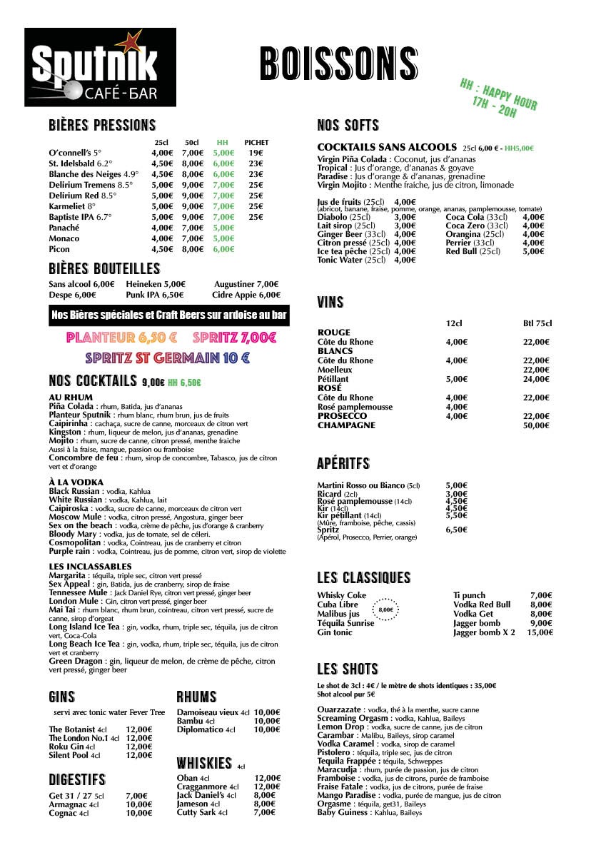 Sputnik - Bar à Fléchettes menu 2