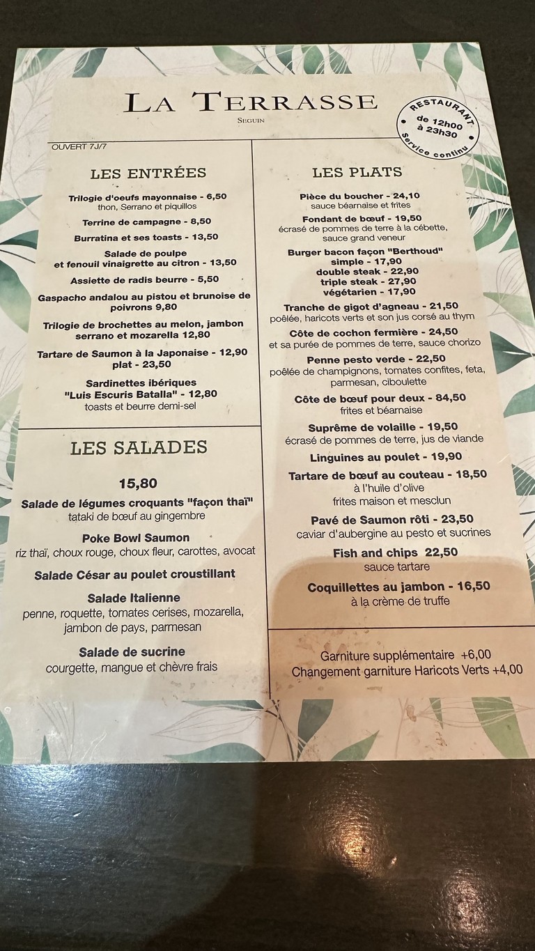 La Terrasse Seguin menu 1