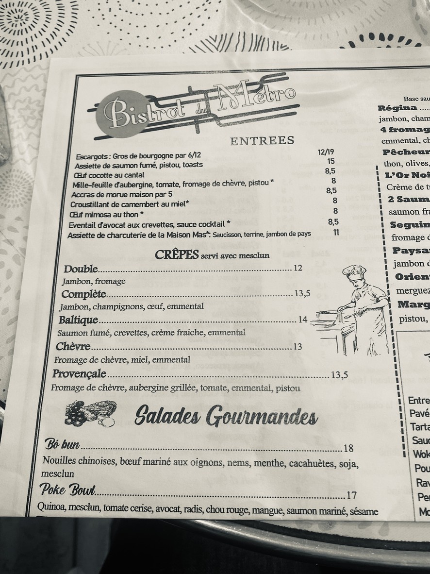 Bistrot du Métro menu 1