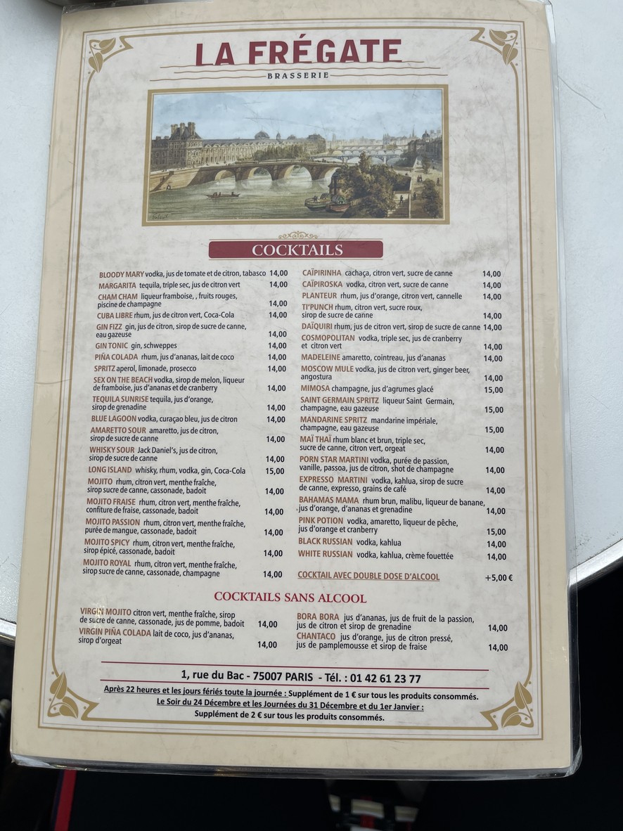 La Frégate menu 1
