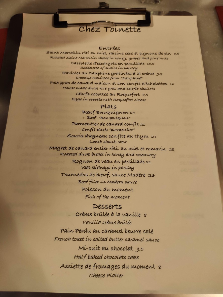 Chez Toinette menu 1